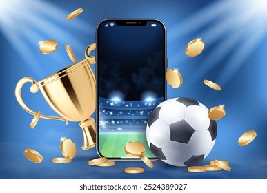 Um smartphone exibindo um estádio de futebol, cercado por uma bola de futebol, um troféu de ouro e moedas de ouro em um fundo azul.