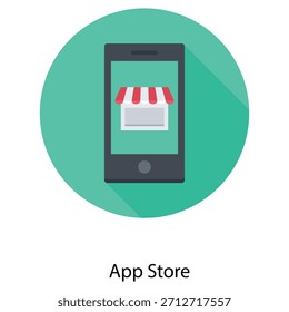 Un teléfono inteligente que muestra un dosel de tienda rayado, que representa el comercio electrónico, las compras móviles y los mercados digitales. Ideal para App minoristas, empresas en línea y plataformas de compras.