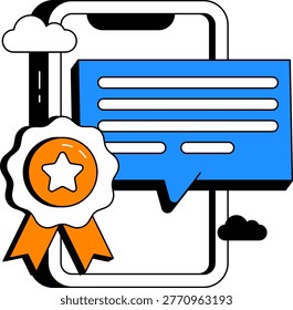 A smartphone displaying a text message bubble next to a star themed quality award badge. It represents high quality mobile customer support and verified communication for digital services.