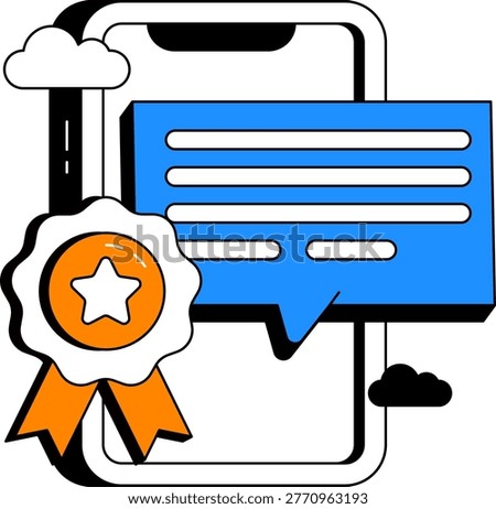 A smartphone displaying a text message bubble next to a star themed quality award badge. It represents high quality mobile customer support and verified communication for digital services.