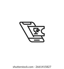 Un teléfono inteligente que muestra un icono de boleto con un trofeo y brillo. Representa la venta de entradas para un evento de premio, pase de entrada digital para una celebración o el uso de un teléfono para el acceso al evento.