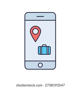 A smartphone displaying a travel app with a map pin and luggage icon