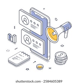 Smartphone displaying user profiles and ratings alongside a megaphone. Coins, charts, and notes represent growth in online feedback and reviews. Modern isometric line art