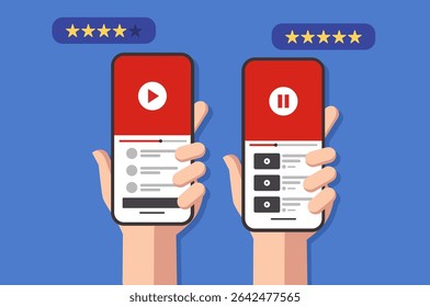 Smartphone exibindo a interface do aplicativo do player de vídeo com botões de reprodução e pausa