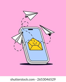 Smartphone exibindo um ícone de e-mail amarelo com planos de papel voando ao redor dele. A arte desenhada à mão em estilo cartoon simboliza mensagens digitais, comunicação e conectividade móvel