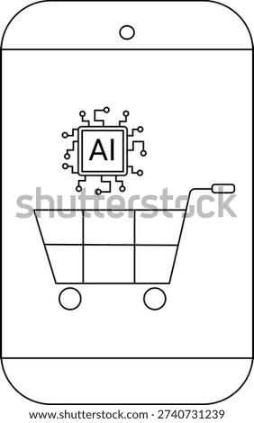 Smartphone displays AI microchip above a shopping cart both outlined in black