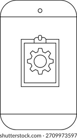 A smartphone displays an app icon featuring a gear on a clipboard