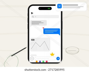 Un smartphone muestra una pantalla de chat con mensajes de texto y un gráfico. El fondo muestra un bolígrafo y un objeto circular. Esta escena destaca la comunicación en línea y el intercambio de datos.