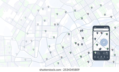 El smartphone muestra el mapa de la ciudad con las estaciones de carga cercanas, mostrando el App móvil diseñado para soluciones de carga en línea flexibles. App permite elegir las rutas óptimas para la conducción. Ilustración vectorial