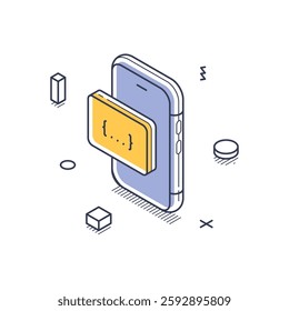 A smartphone displays a code block, symbolizing web development. Surrounding abstract shapes enhance the modern design element, showcasing the blend of technology and creativity. Vector illustration