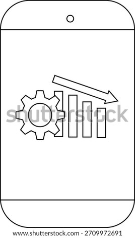 A smartphone displays a cogwheel graph bars decreasing and an arrow pointing downwards