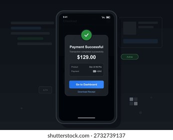 Un teléfono inteligente muestra una confirmación de que el pago fue exitoso. El importe de la transacción se muestra como $129.00 para un producto. El usuario puede realizar una Descarga al Comprobante.