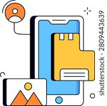 A smartphone displays a digital folder next to an image file and a user profile icon. This represents mobile database organization and personal cloud storage management for users.