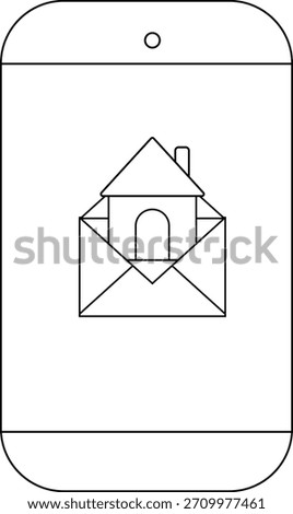 A smartphone displays an envelope with a house inside all in outline