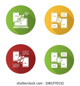 Smartphone displays flat design long shadow glyph icons set. Link sharing, connection and synchronization errors. Vector silhouette illustration