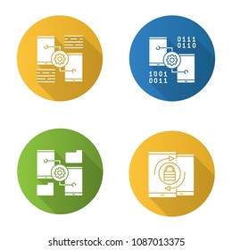 Smartphone displays flat design long shadow glyph icons set. Mobile phone settings, security synchronization, file manager. Vector silhouette illustration