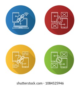 Smartphone displays flat linear long shadow icons set. Link sharing, connection and synchronization error. Vector outline illustration