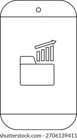A smartphone displays a folder icon with a bar graph and upward arrow