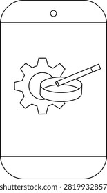 A smartphone displays a gear a dish and a cigarette in blackandwhite outline