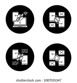 Smartphone displays glyph icons set. Link sharing, connection and synchronization error. Vector white silhouettes illustrations in black circles