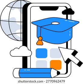 A smartphone displays a graduation cap alongside a pencil a globe and a cursor. It represents the modern concept of global online education and distance learning opportunities.