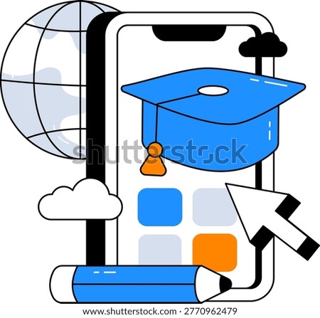 A smartphone displays a graduation cap alongside a pencil a globe and a cursor. It represents the modern concept of global online education and distance learning opportunities.