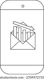 Smartphone exibe um gráfico de um envelope com barras e uma seta para baixo dentro