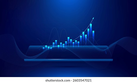 Smartphone displays growing bar chart on blue digital background, representing stock market or financial growth. This vector design highlights business and trading concepts with futuristic style.