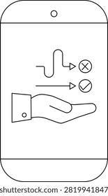 Smartphone displays hand supporting decisionmaking options correctincorrect paths