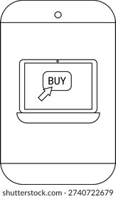 A smartphone displays a laptop with a BUY button and an arrow suggesting online shopping