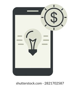 A smartphone displays a lightbulb idea on its screen with a dollar sign, symbolizing innovation and financial gain through technology and mobile apps.