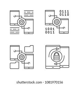 Smartphone displays linear icons set. Mobile phone settings, security synchronization, file manager. Thin line contour symbols. Isolated vector outline illustrations
