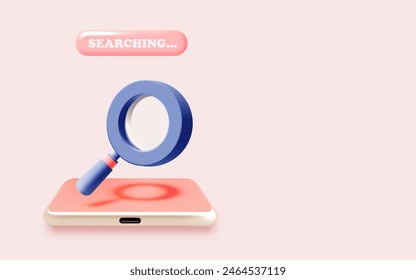 A smartphone displays a magnifying glass icon against a soft background, symbolizing the search process