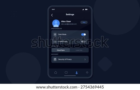 A smartphone displays a mobile application settings interface in dark mode featuring user profile information, preferences, storage options, and security account details.