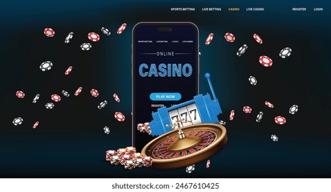 A smartphone displays Online Casino surrounded by flying chips, roulette wheel, and dice, suggesting online gambling
