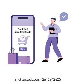 A smartphone displays order confirmation with a shopping cart icon, accompanied by shopping bags and a man holding a clipboard, indicating successful online purchase in clean vector style