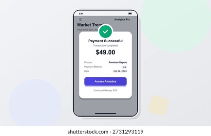 Un smartphone muestra una confirmación de pago para un informe premium. El monto total es de $49.00. La transacción indica que se completó el 24 de octubre de 2023.