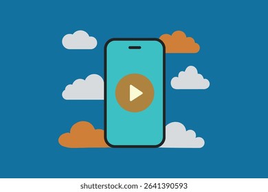 A smartphone displays a play button, surrounded by clouds, symbolizing cloud-based video streaming on a mobile device.
