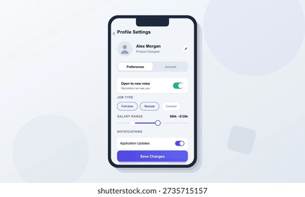 A smartphone displays a profile settings interface for a job search application. The screen shows user preferences including job type, salary range, and notification toggle switches.