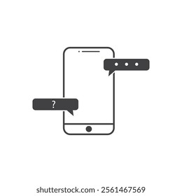 Smartphone displays question mark and three dots in speech bubbles.
