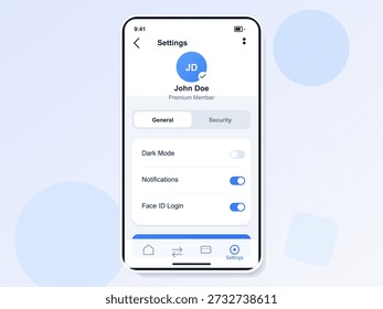 Um smartphone exibe uma interface de configurações que mostra detalhes do perfil do usuário, opções para o modo escuro, notificações e login de ID facial. O design é limpo com ícones simples.