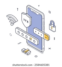 Smartphone displays a shield, online security. Surrounding elements include symbols of Wi-Fi, a padlock, and rating stars, digital protection and user ratings. Vector isometric illustration