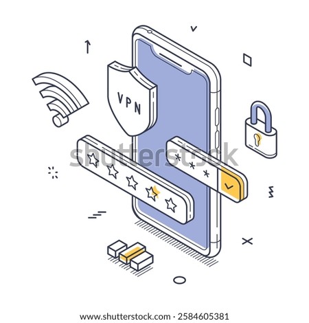 Smartphone displays a shield, online security. Surrounding elements include symbols of Wi-Fi, a padlock, and rating stars, digital protection and user ratings. Vector isometric illustration