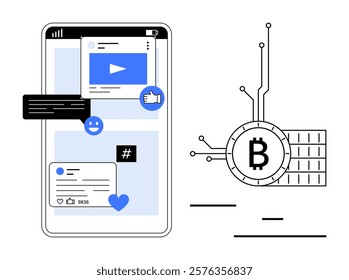 A smartphone displays social media elements like a video, messages, a metadata tag, and likes. Nearby is a cryptocurrency symbol representing technology. Ideal for digital marketing, social media