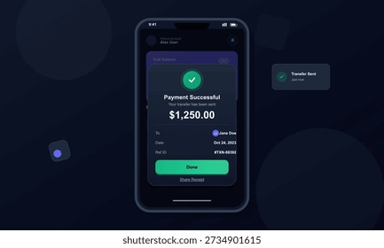A smartphone displays a successful payment confirmation screen for a digital money transfer of one thousand two hundred fifty dollars on a dark mobile banking application interface.