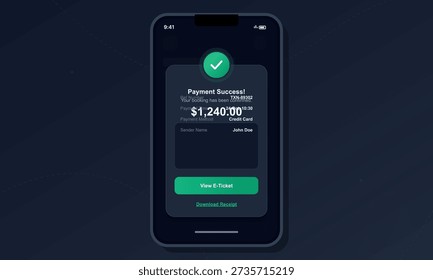 A smartphone displays a successful payment confirmation screen for a booking. The interface shows a green checkmark, transaction details, and a button to view an electronic ticket.