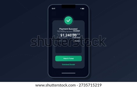 A smartphone displays a successful payment confirmation screen for a booking. The interface shows a green checkmark, transaction details, and a button to view an electronic ticket.