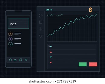 Un teléfono inteligente muestra una interfaz de negociación para criptomonedas. La pantalla muestra un gráfico con tendencias en aumento y métricas de trading clave para el análisis de mercado.