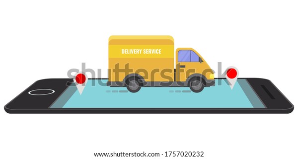 The smartphone displays the trip of a truck to\
deliver from one point to another flat stock style vector\
illustration isolated on white\
background