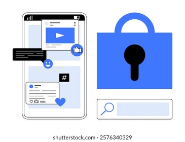 A smartphone displays various social media notifications beside a large padlock icon, indicating privacy. Ideal for social media, privacy, security, digital communication, mobile apps. Simple modern